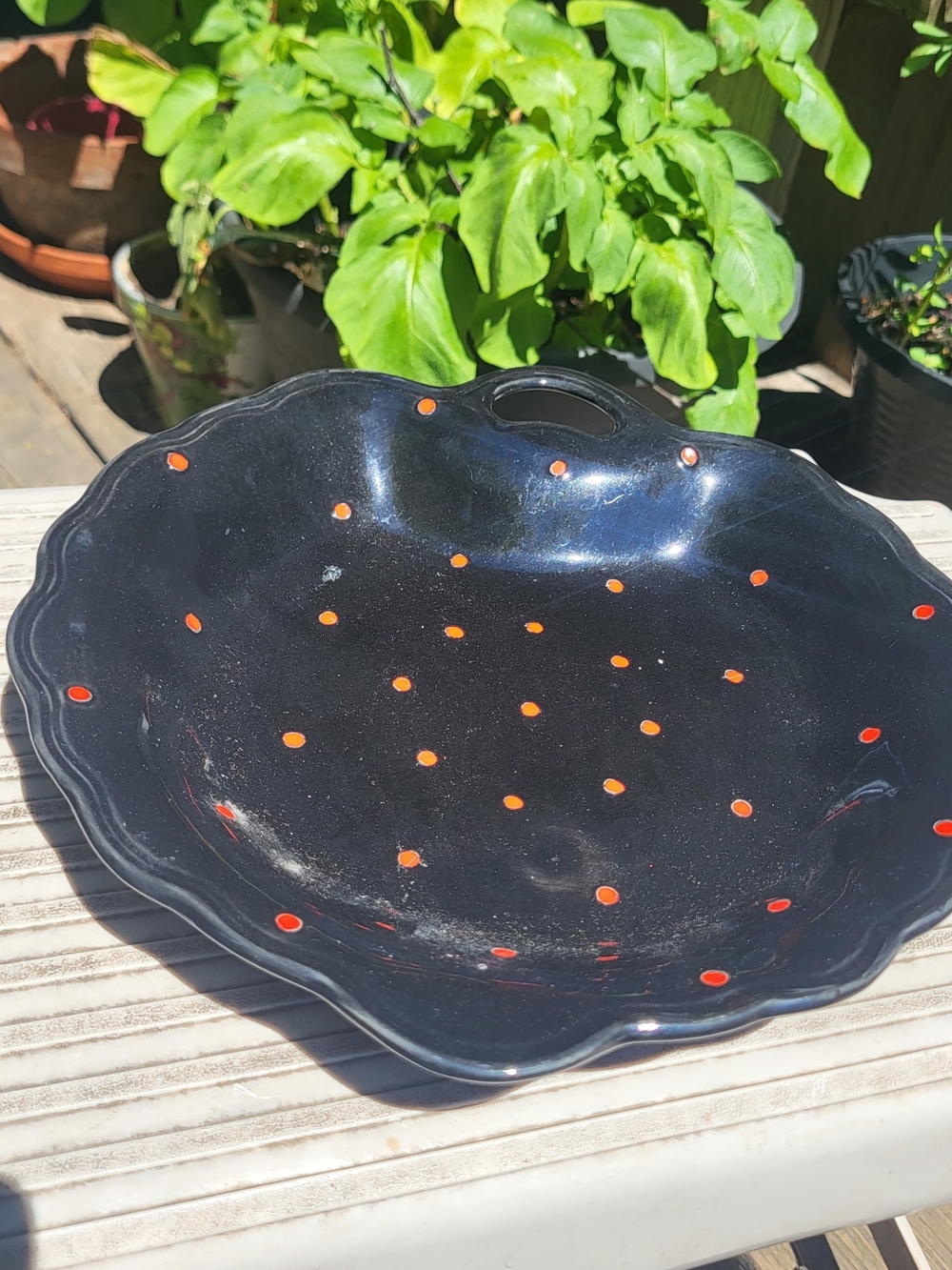 Black Ceramic Serving Bowl with Orange Polka Dots and Scalloped Edge